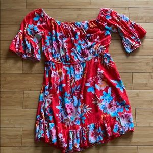 Off the shoulder red flowy floral dress